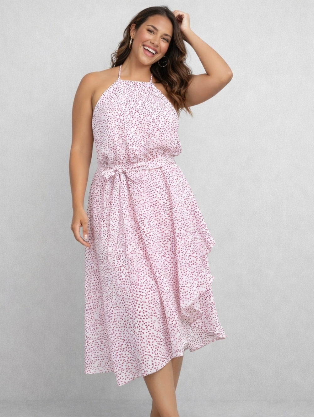 EXPRESS Size Large Pink Dotted Asymmetrical Ruffle Hem Keyhole Halter Dress NWT
